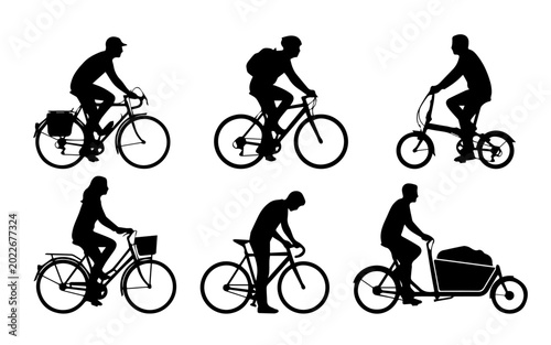 Silhouettes of people riding bicycles in various positions and styles