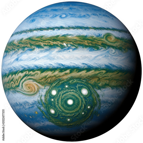 Jupiter planet with swirling storm clouds and vibrant green and blue hues isolated on transparent background