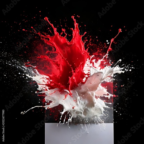 Red and white liquid explosion against black background