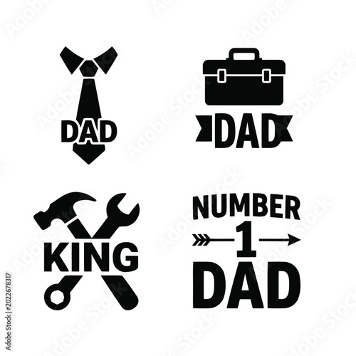 Father's Day Icon Set: Number 1 Dad, King with Tools, Tie, and Toolbox Silhouette Vector