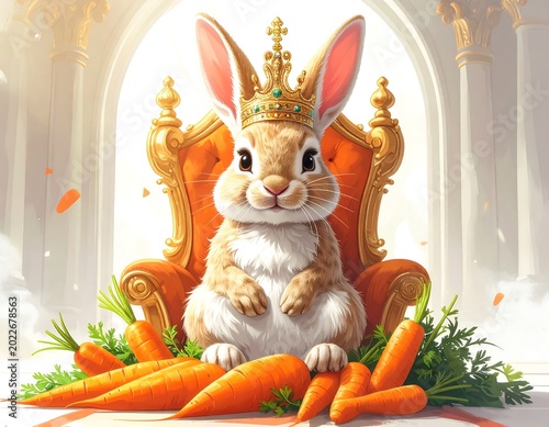 Regal rabbit on throne with carrots, opulent setting