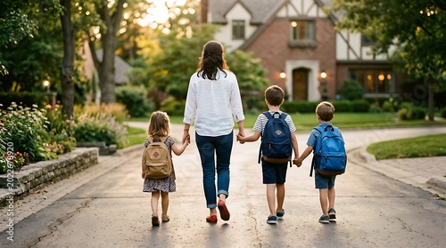 Back to school mother walking children to school on suburban street
