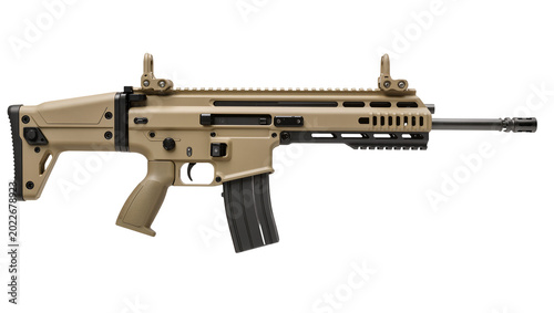 Tableau sur toile Tan assault rifle with black magazine and sights, isolated on transparent backgr