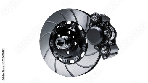 Foto High performance vented brake disc rotor and caliper assembly, isolated on trans
