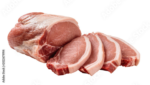 Εκτύπωση καμβά Raw pork loin roast with thick fat cap and sliced chops, isolated on transparent