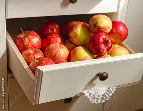 Red apples in a white drawer