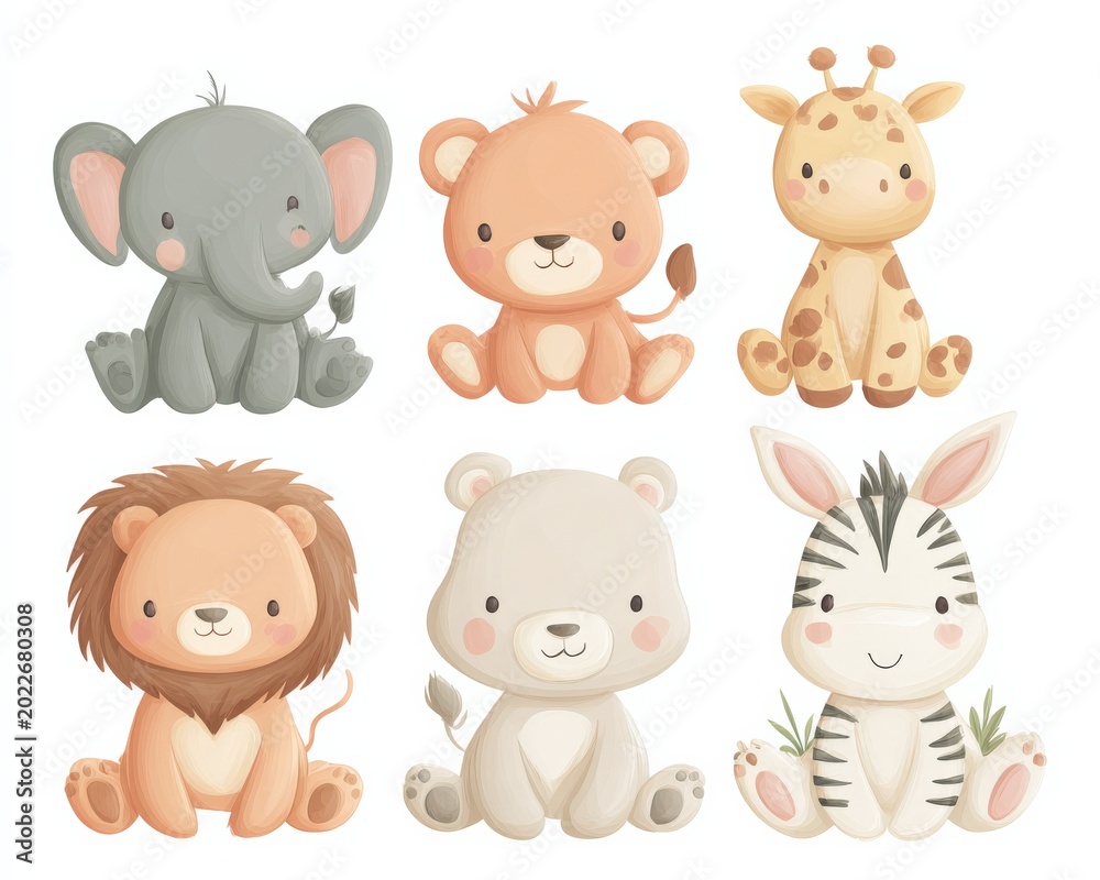 Obraz premium Adorable Watercolor Safari Animals Collection: Baby Elephant, Lion, Giraffe, Bear, Zebra, and Teddy Bear