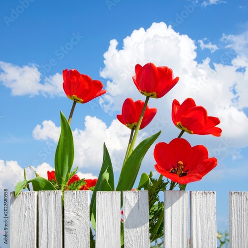 Red tulips above white fence