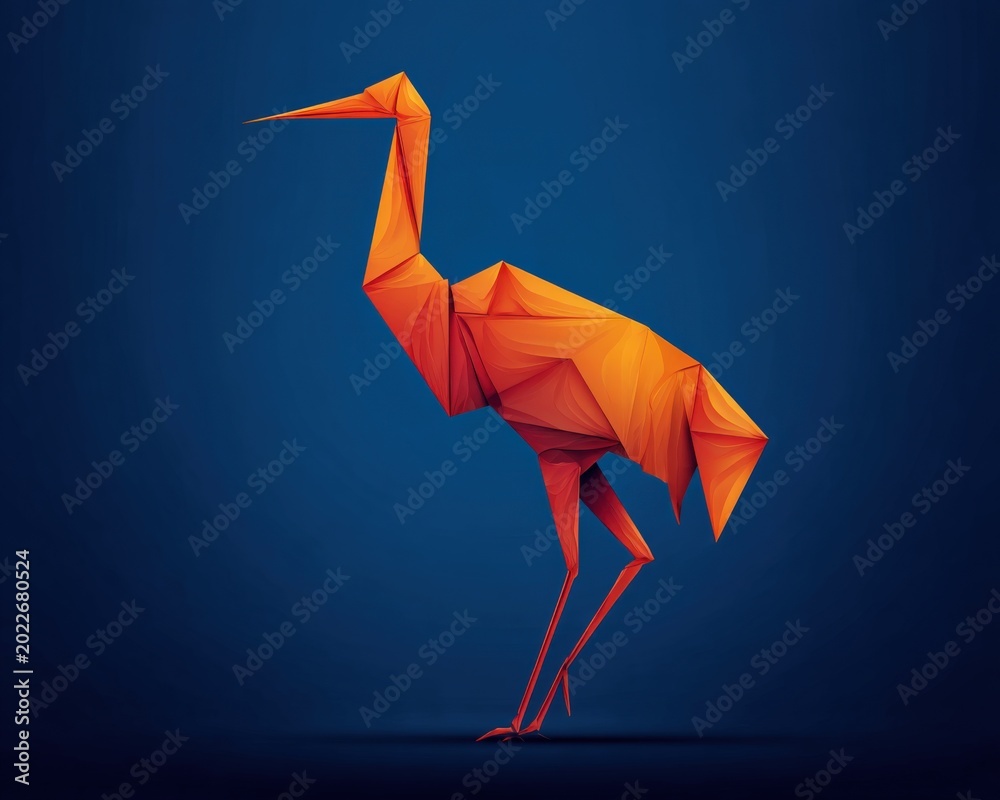 Fototapeta premium Vibrant Orange Origami Crane Bird Silhouette Standing Against Deep Blue Background