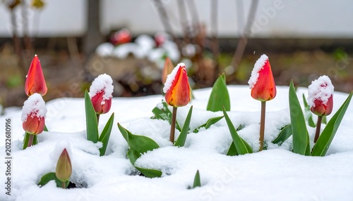 Red tulip buds dusted with snow