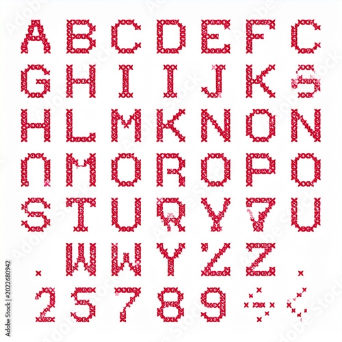 Red alphabet, numbers, symbols