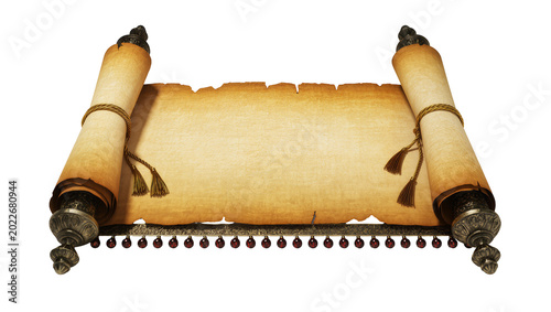 Photos Antique parchment scroll with ornate metal ends and tassels, isolated on transpa