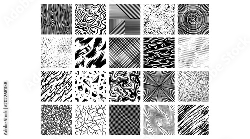 Patterns abstract vector tile set with black ink line textures, stipple speckles, waves and swirl spirals for design backgrounds