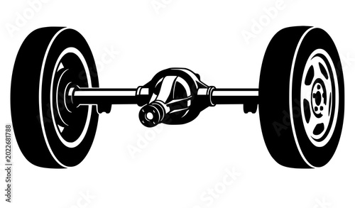 Tableau sur toile Car rear axle vector illustration with differential housing and rubber tires mec