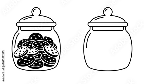 Fotografie Glass cookie jar vector icon set with full chocolate chip biscuit pot and clear