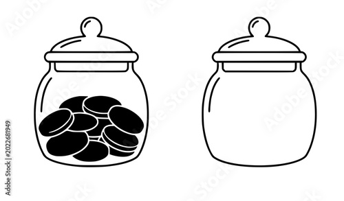 Fotografía Glass cookie jar vector icon set with full coin savings pot and clear empty line