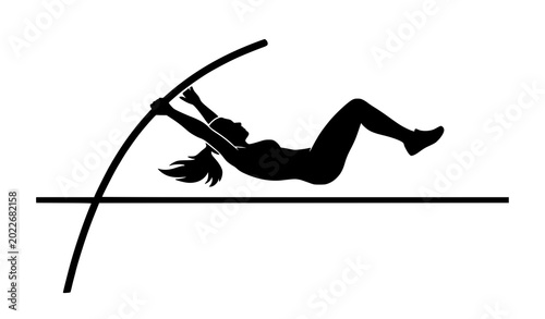 Foto Female pole vault athlete solid black silhouette vector icon with track and fiel