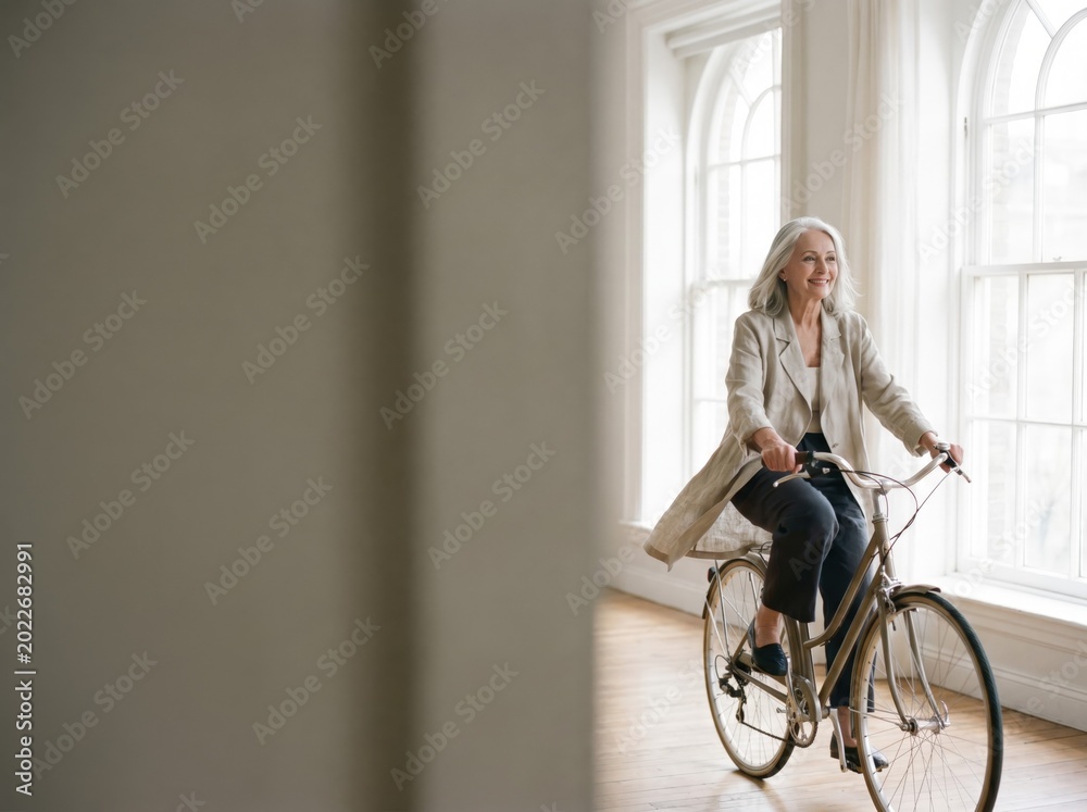 Naklejka premium Senior Woman Happily Rides Bicycle Indoors for Active Lifestyle