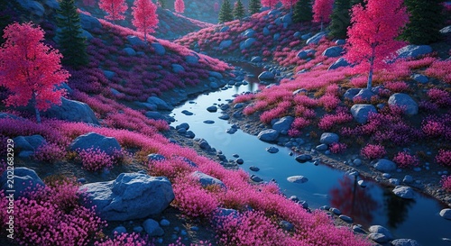 Vibrant Pink Forest Landscape with Flowing River.