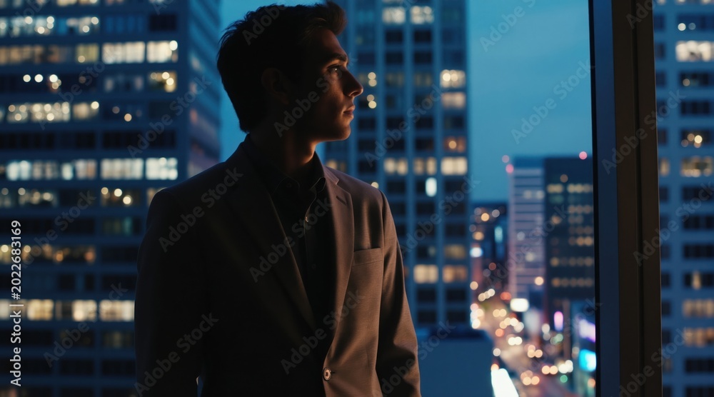 Fototapeta premium Young businessman in suit looks out office window at city skyline at night. Blurred lights from skyscrapers create bokeh effect. Calm thoughtful mood. Business concepts.