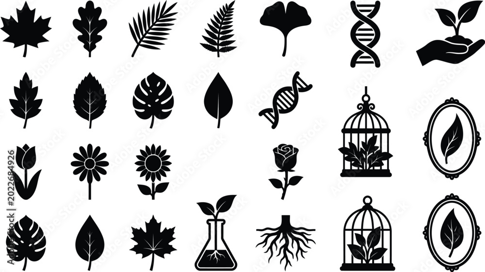Naklejka premium Botanical biological icons collection leaves flowers dna plants in cages and root systems