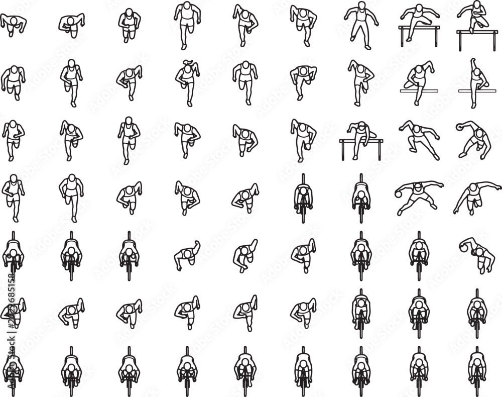 Obraz premium Illustrative overhead view of athletes engaged in cycling, running, and diverse exercises, perfect for graphic resource design or educational purposes. 