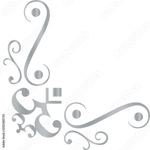 Corner flourish displaying an elegant silver scrollwork pattern with intricate decorative swirls and dots crafted for sophisticated paper stationery and frame border enhancement in professional.