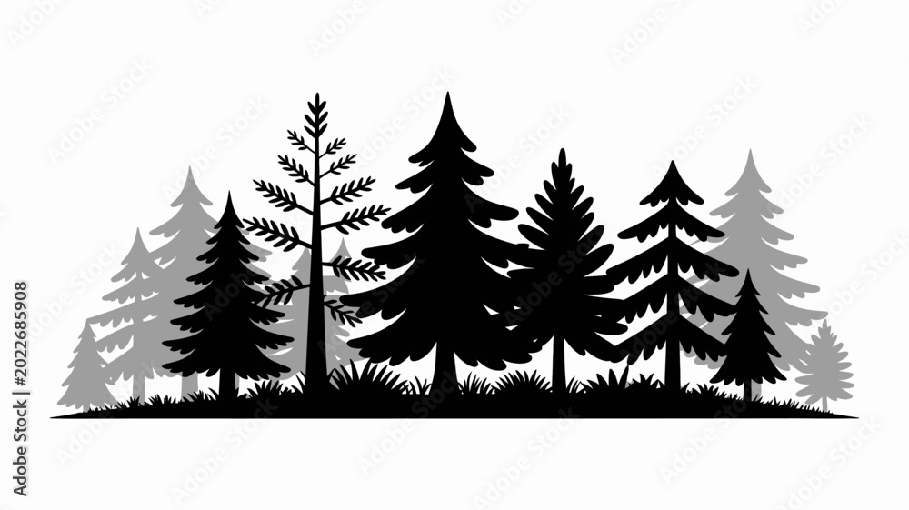 Obraz premium black and white silhouette of coniferous trees and grass on a white background