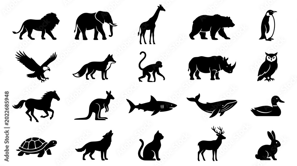 Obraz premium Animal silhouettes vector icons set with various wildlife species, black shapes for education, decor, and design projects