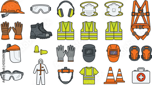 Foto Industrial Personal Protective Equipment Vector Icon Grid Set with Hard Hat, Saf