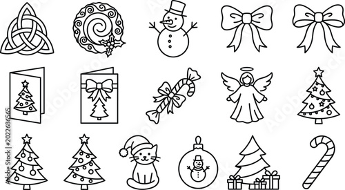 Foto Christmas Holiday Line Icon Set Featuring Snowman Christmas Tree Angel Candy Can