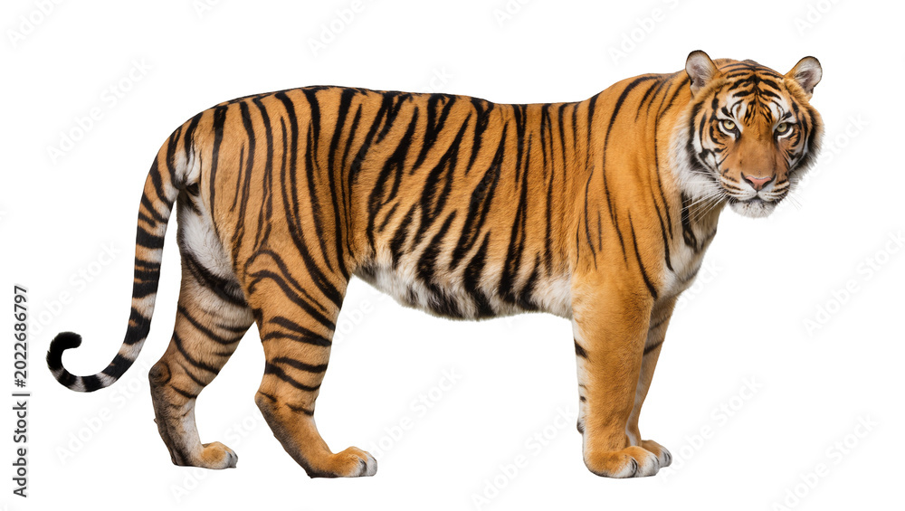 Obraz premium Majestic Bengal tiger with orange fur and black stripes, isolated on transparent background