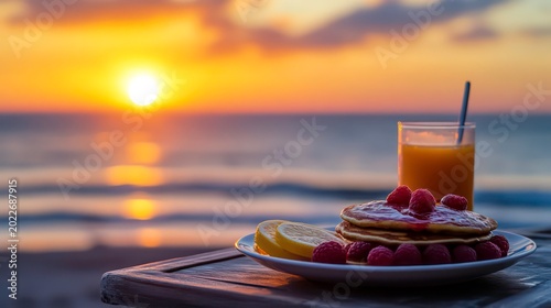 Pancakes with raspberries and juice served at sunrise by the sea