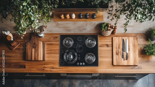 Modern Kitchen Countertop with Stovetop and Wooden Accents - top view of a contemporary kitchen interior showcasing a sleek stovetop, wooden cutting boards, and a stylish kitchen design.