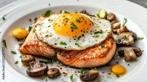 Fried salmon steak with eggs and mushrooms. Salmon - healthy meal with lots of vitamin D