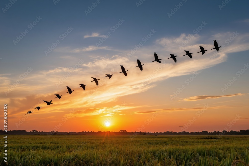 Fototapeta premium Flock of birds fly in V formation over green rice field. Sun sets with orange and blue sky. Nature scene shows animal migration at dusk. Peaceful landscape.