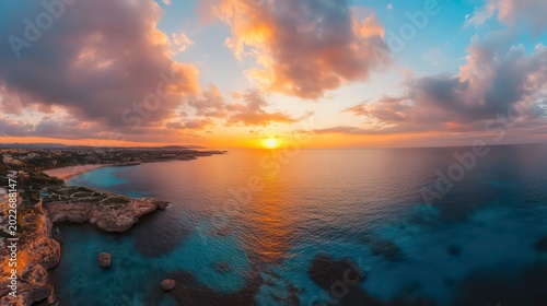 Scenery of sunset blue sky with orange fluffy clouds, atmospheric backdrop, perfect wallpaper. Panorama of cloudscape, amazing sky background. Design style backgrounds concept.