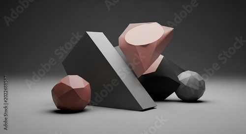 Geometric shapes composition on a dark background, modern art.