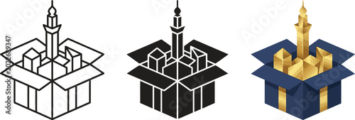 Foto Isometric mosque and Kaaba icon set in line glyph and golden styles presented in