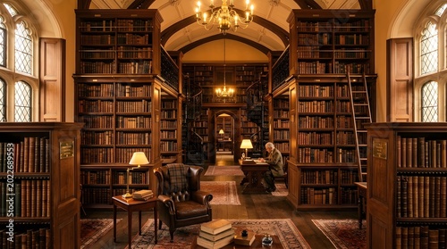 Scholar working in grand historic library room setting