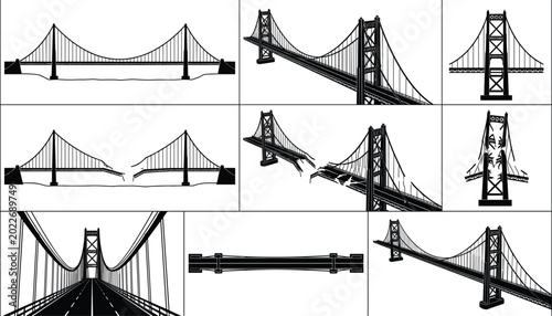 Foto Suspension bridge illustration set showing various perspectives including top view side view and broken structure scenarios in minimalist black and white silhouette style