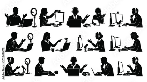 Fotografía set of silhouettes of professional business people working remotely, conducting