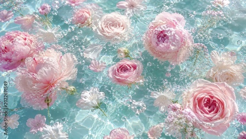 Floating Pink Roses And Peonies In Sparkling Clear Blue Water