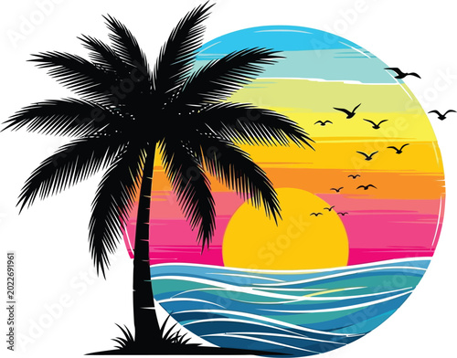 This vibrant digital illustration displays a silhouette of a tropical palm tree standing before a colorful sunset over ocean waves with birds flying in the distance.