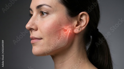 Close Up Woman With Jaw Joint Pain And TMJ Anatomy Overlay
