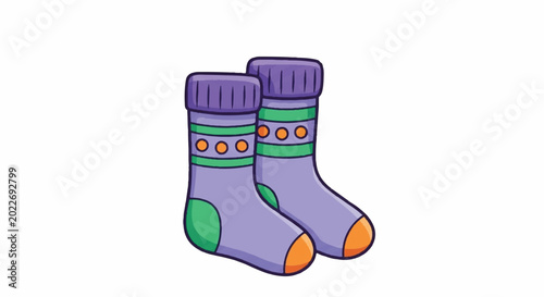 Cute Cartoon Pair of Purple Socks with Green and Orange Accents.