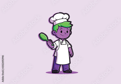 Cute Cartoon Chef Character Holding a Spoon.
