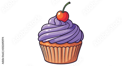 Delicious Cupcake with Purple Frosting and Cherry Topping.