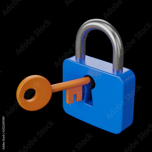 Blue padlock with golden key isolated on dark background isolated on transparent background