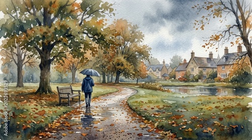 A person walks with an umbrella in a leaf filled autumn park.